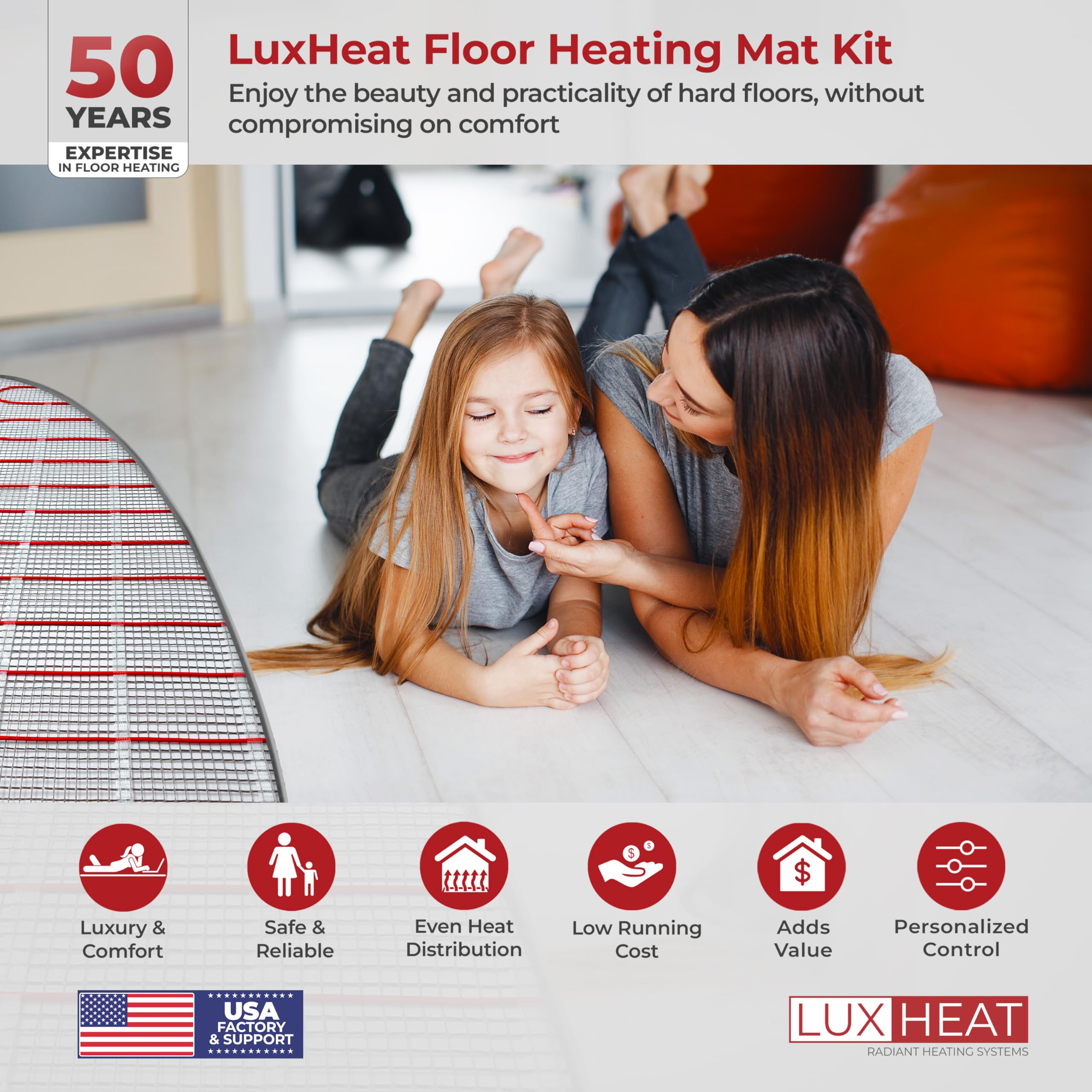 LuxHeat 150 Sqft Mat Kit (120v) Electric Radiant Floor heating System for Under Tile & Laminate. Underfloor Heating Kit Includes Heat Mat, Alarm & OJ Microline WiFi Programmable Thermostat with GFCI