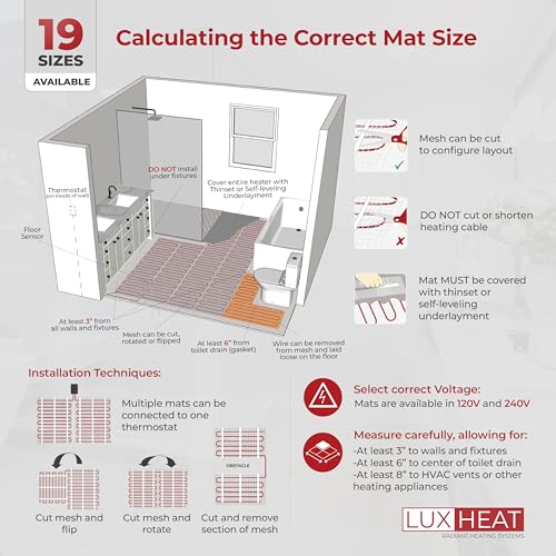 LuxHeat 30 Sqft Mat Kit, 120v Electric Radiant Floor Heating System for Under tile, Stone and Laminate. Kit Includes Alarm, Heated Floor Mat, OJ Microline Programmable Thermostat with GFCI & Sensor