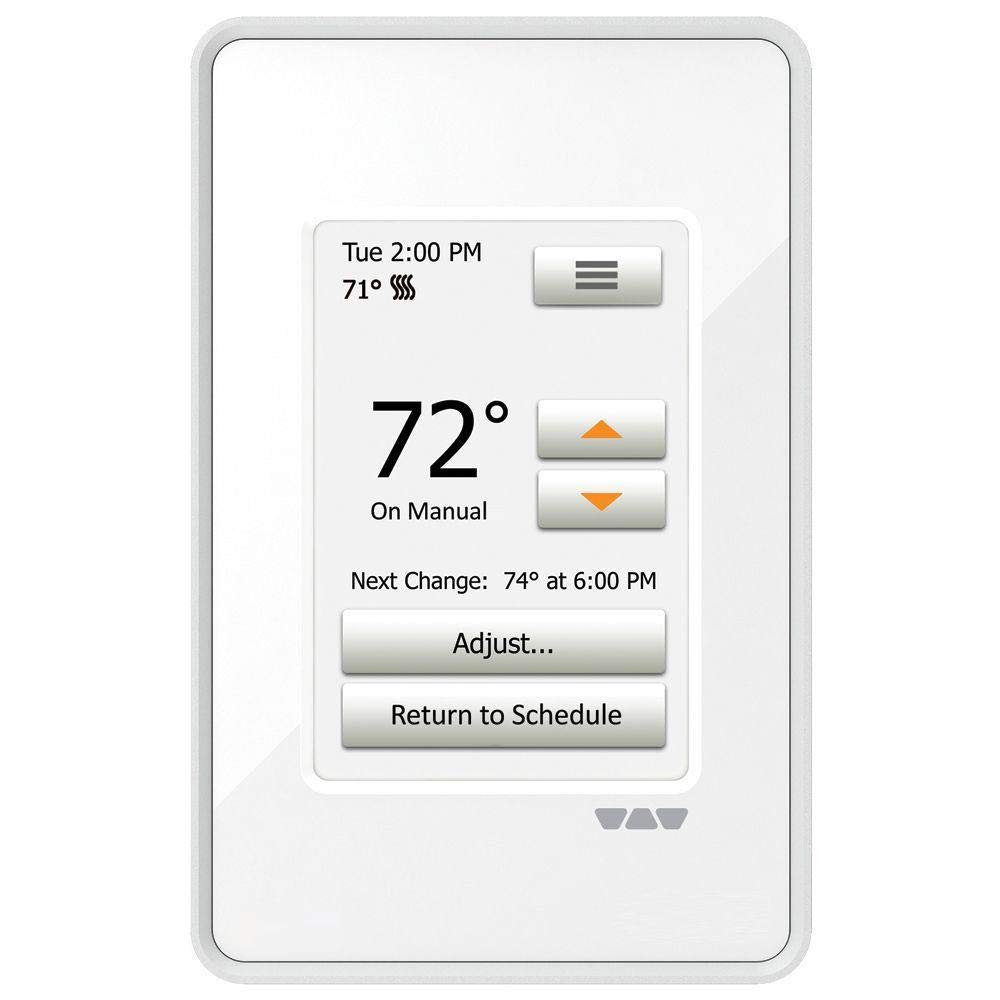 DITRA-HEAT Programmable Touchscreen Thermostat [DITRA-HEAT-E-RT] controls 120/240V floor heat systems, sleek bright white design, built-in GFCI, includes floor sensor