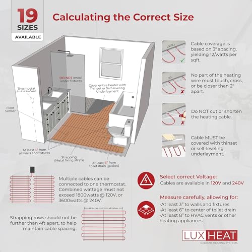 LuxHeat Floor Heating Cable Set, 80 Sqft - 120v Electric Radiant Floor Heating System Under Tile. Set Includes, Floor Heating Cable, Strapping, UDG4 OJ Microline Programmable Thermostat with GFCI