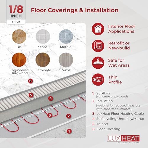 LuxHeat Floor Heating Cable Set, 80 Sqft - 120v Electric Radiant Floor Heating System Under Tile. Set Includes, Floor Heating Cable, Strapping, UDG4 OJ Microline Programmable Thermostat with GFCI