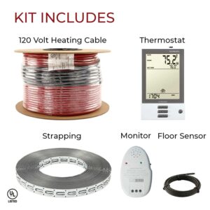 LuxHeat Floor Heating Cable Set, 20 Sqft - 120v Electric Radiant Floor Heating System Under Tile. Set Includes, Floor Heating Cable, Strapping, UDG OJ Microline Programmable Thermostat with GFCI