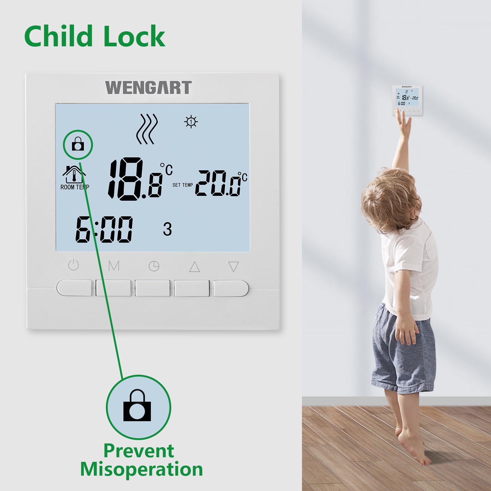 Wengart Heating Only Thermostat WG02B04,AC110 3Amp 7-Day Programmable Work for Warm-Water Floor Heating Temperature Controller White