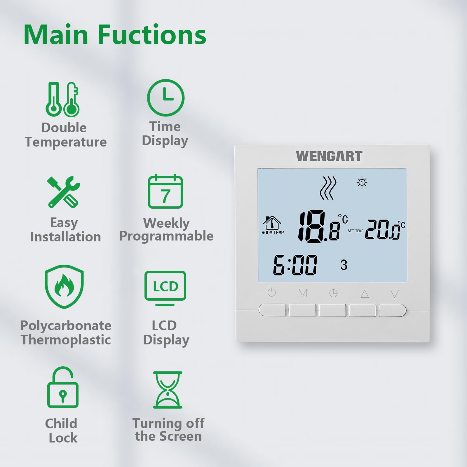 Wengart Heating Only Thermostat WG02B04,AC110 3Amp 7-Day Programmable Work for Warm-Water Floor Heating Temperature Controller White