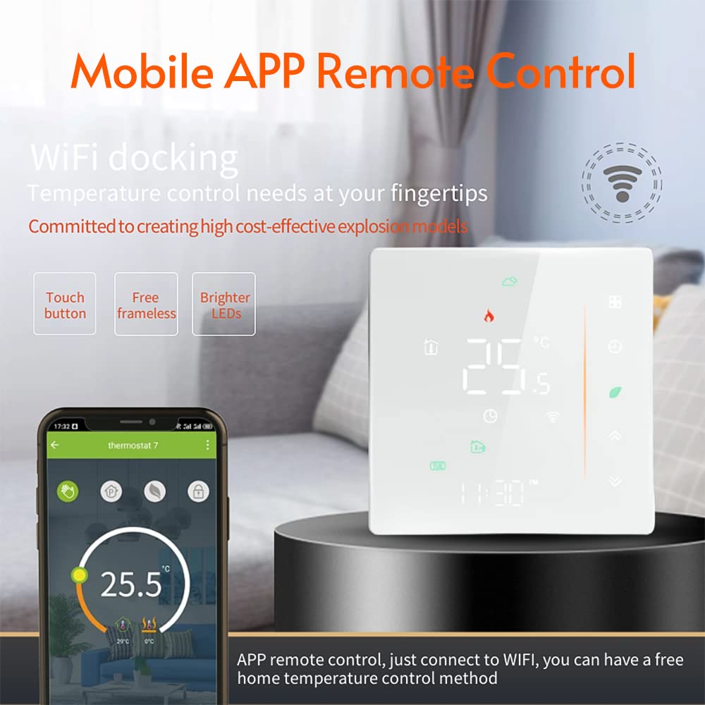 YUHOME WiFi Smart Thermostat Temperature Controller Weekly Programmable Supports Touch Control/Mobile APP/Voice Control for Electric Floor Heating 16A White