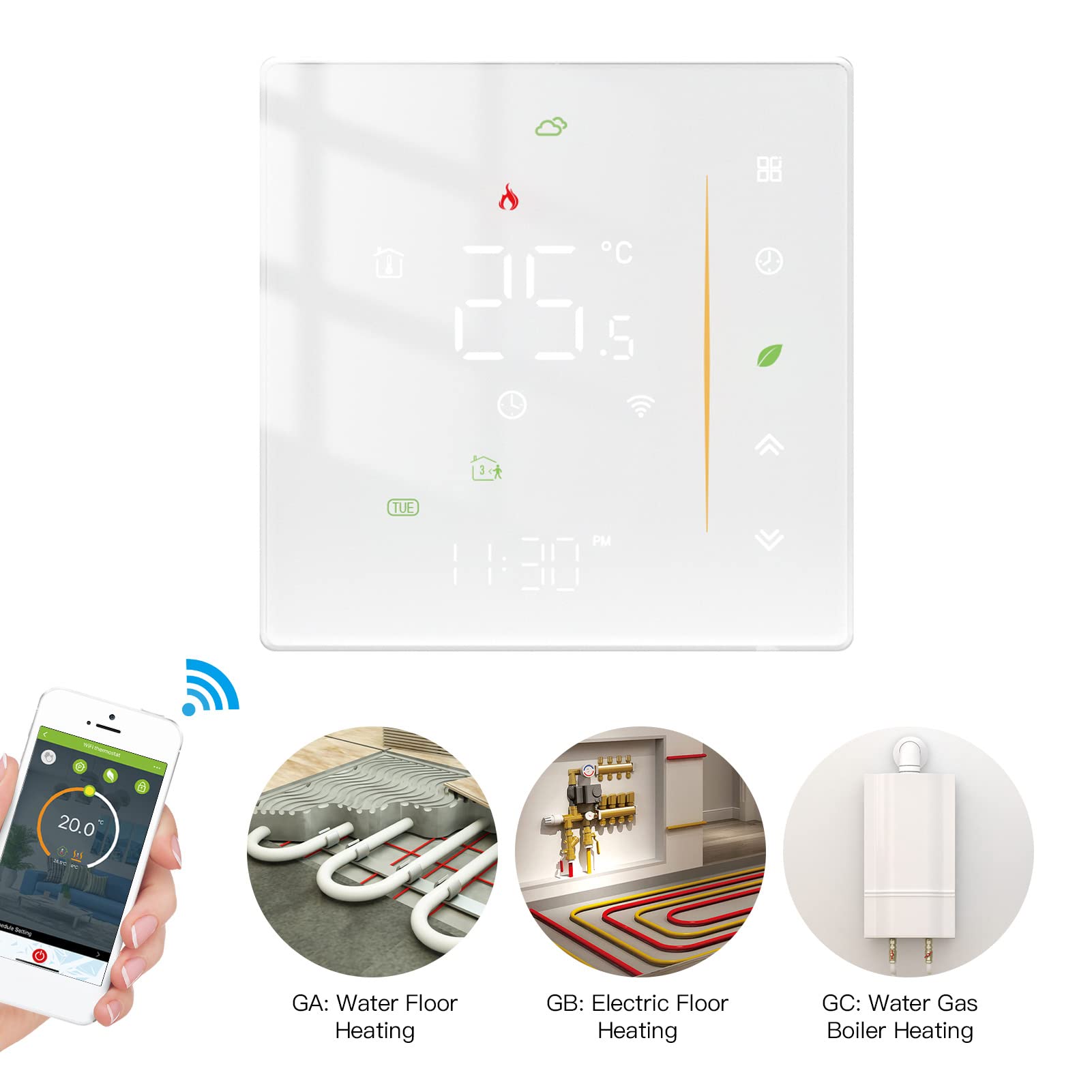 Intelligent Temperature Control,Smart Thermostat for Electric Floor Heating,Programmable, WIFI, APP Control,Energy Saving, Remote Access,95 240V, White