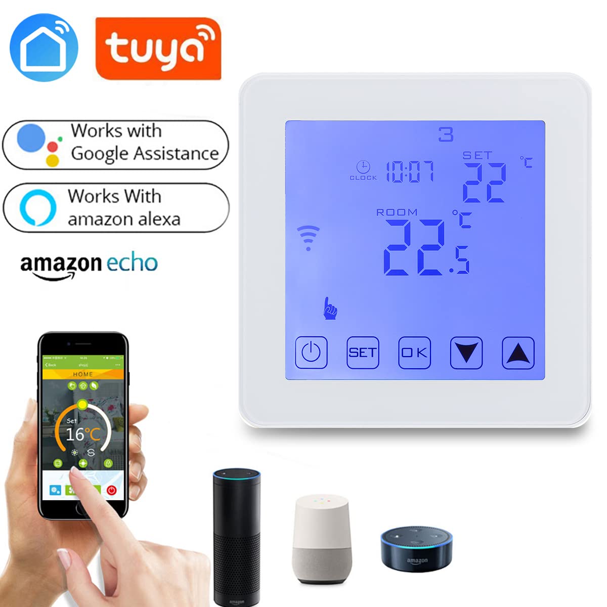 Wengart WiFi Smart Thermostat WG08,Heat Only 2.4GHz Wi-Fi APP TUYA for Radiant Floor Heating,Compatible with Alexa Echo/Google Home,AC90-240V Max3A