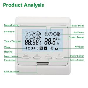 Wengart Weekly Programmable Digital Display Thermostat WG806,Heat Only AC110V 3A Work for Radiant Floor Heating Link Gas Boiler White