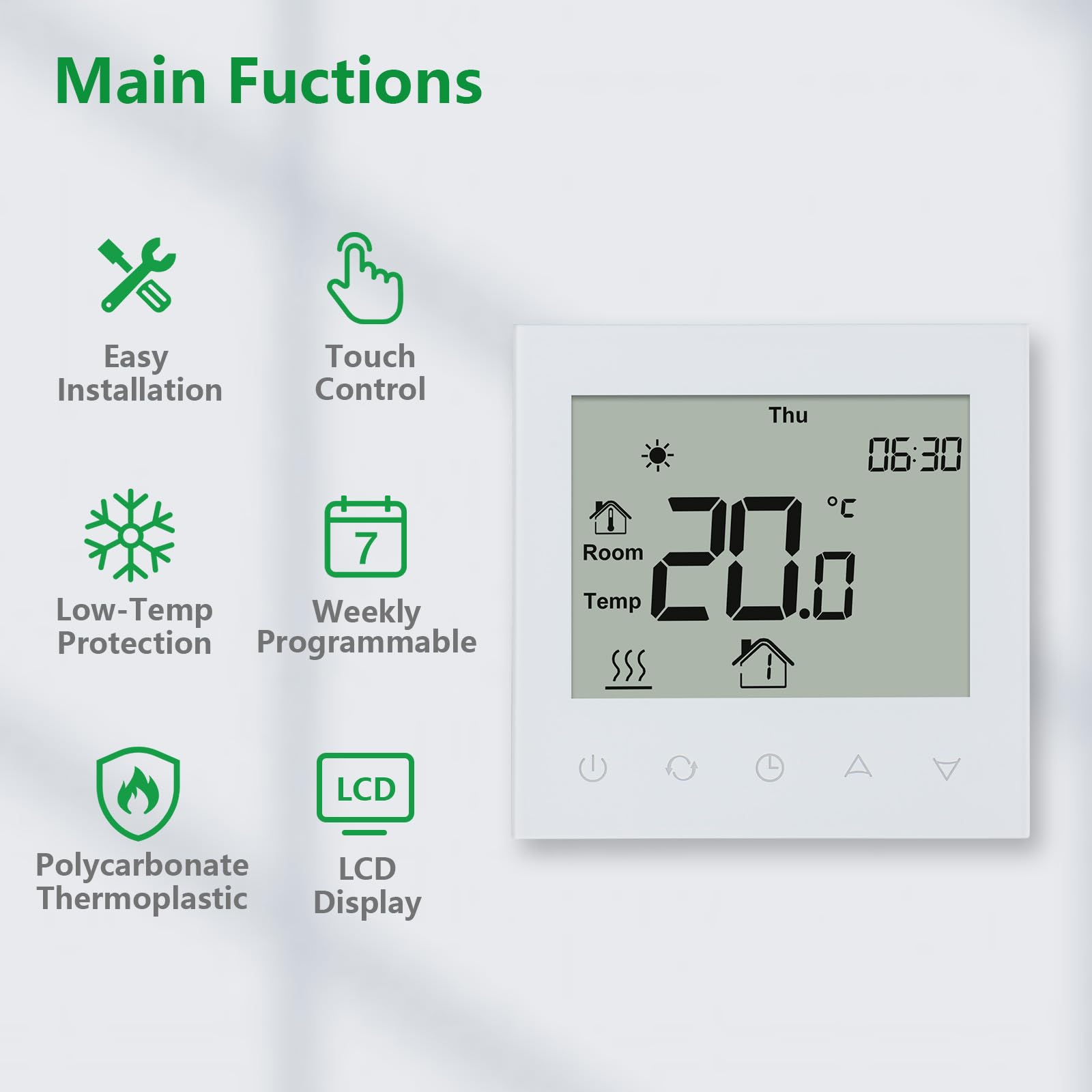 Wengart Underfloor Heating Thermostats Controller 7-Day Programmable with LCD Touch Screen WG505,AC230V 3A Work for Radiant Floor Heating Link Gas Boiler White