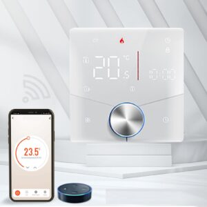 WiFi Programmable LCD Display Smart Thermostat for Tuya with Knob, Floor Heating Control Panel, Digital (White)