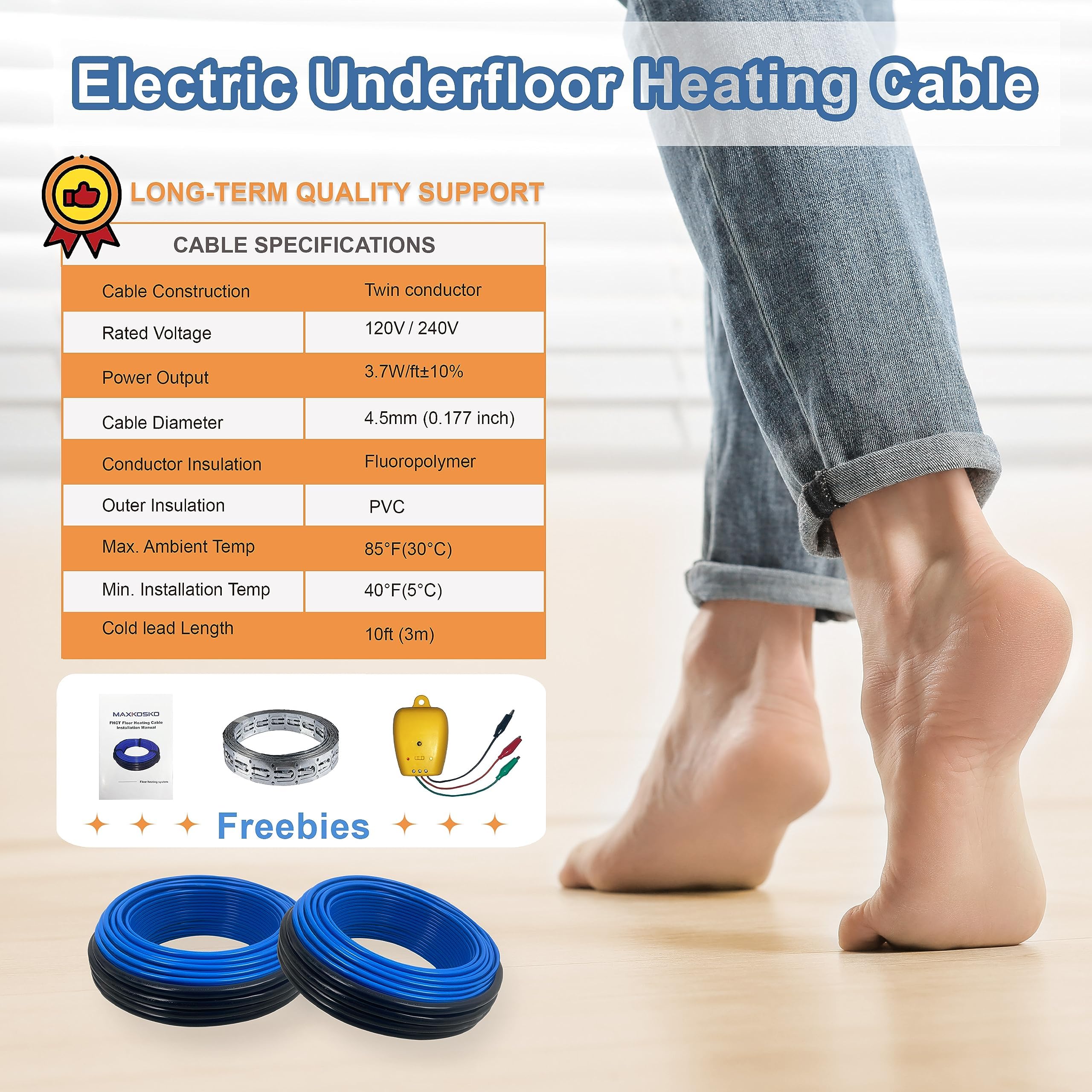 Electric Heated Floor Cable Underfloor Heating System Kit with Cable Guide，Alarm Monitor for Indoor Installation 120V,10 Sqft