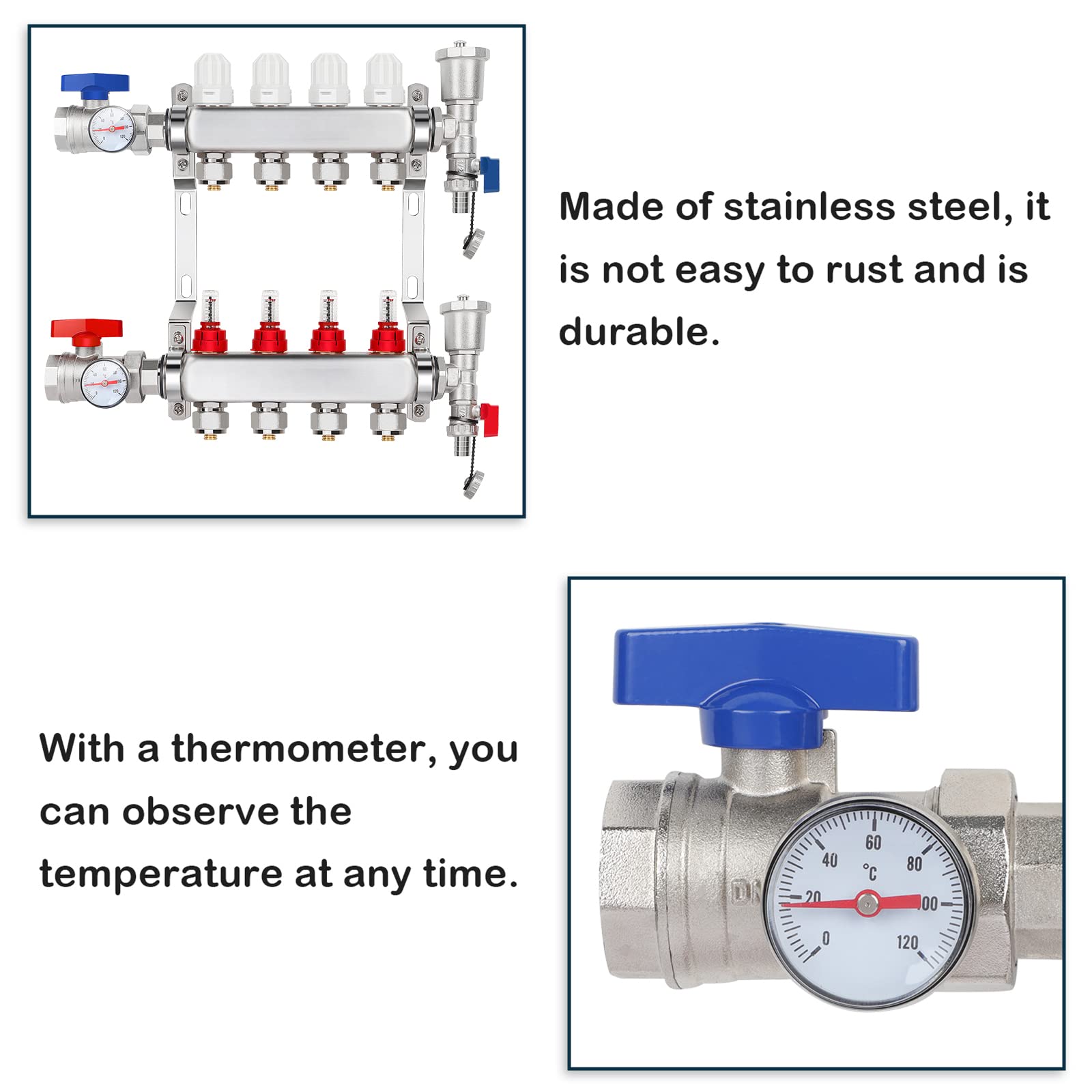 GCCSJ 4 Loops PEX Manifold Radiant Floor Heating Set Stainless Steel Heated Hydronic Heating