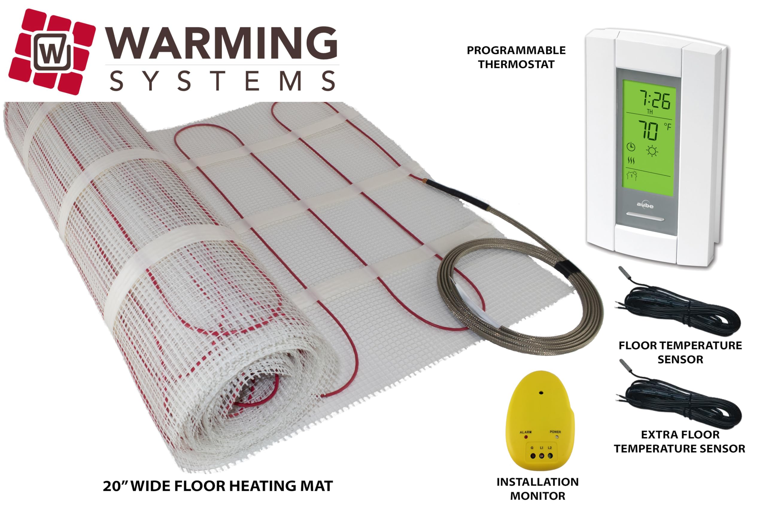 60 Sqft Mat, Electric Radiant Floor Heating System with Digital Floor Sensing Thermostat, includes 2 Floor Temperature Sensors and Installation Monitor, Heated Floor System, Radiant Floor Heating Mat