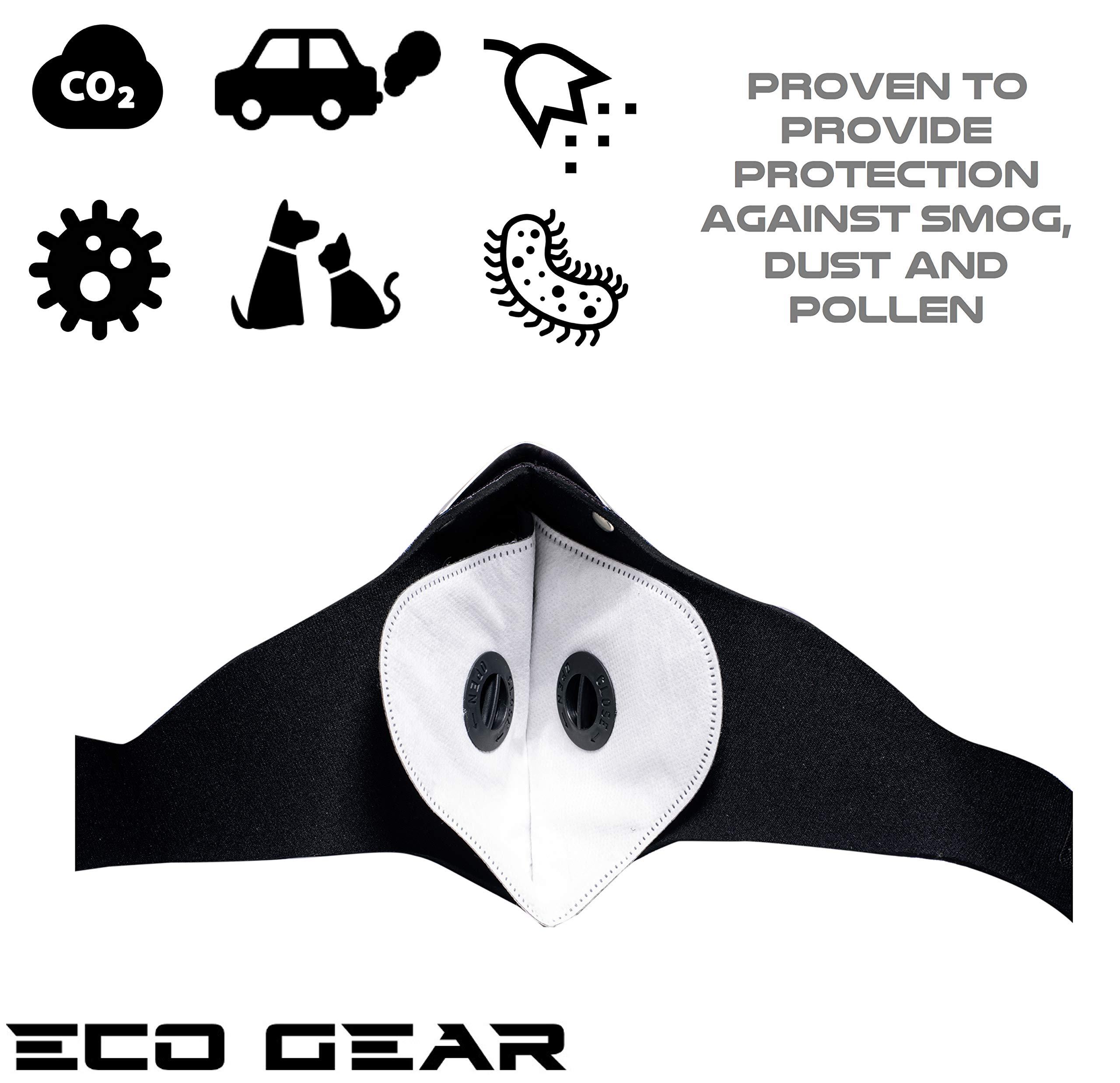 ECO-GEAR Anti Pollution Face Mask with Military Grade Protection | Anti Smoke, Exhaust Gas, Dust, Pollen | Hiking, Running, Walking, Cycling, Ski and other Outdoor Activities (Large, Black)