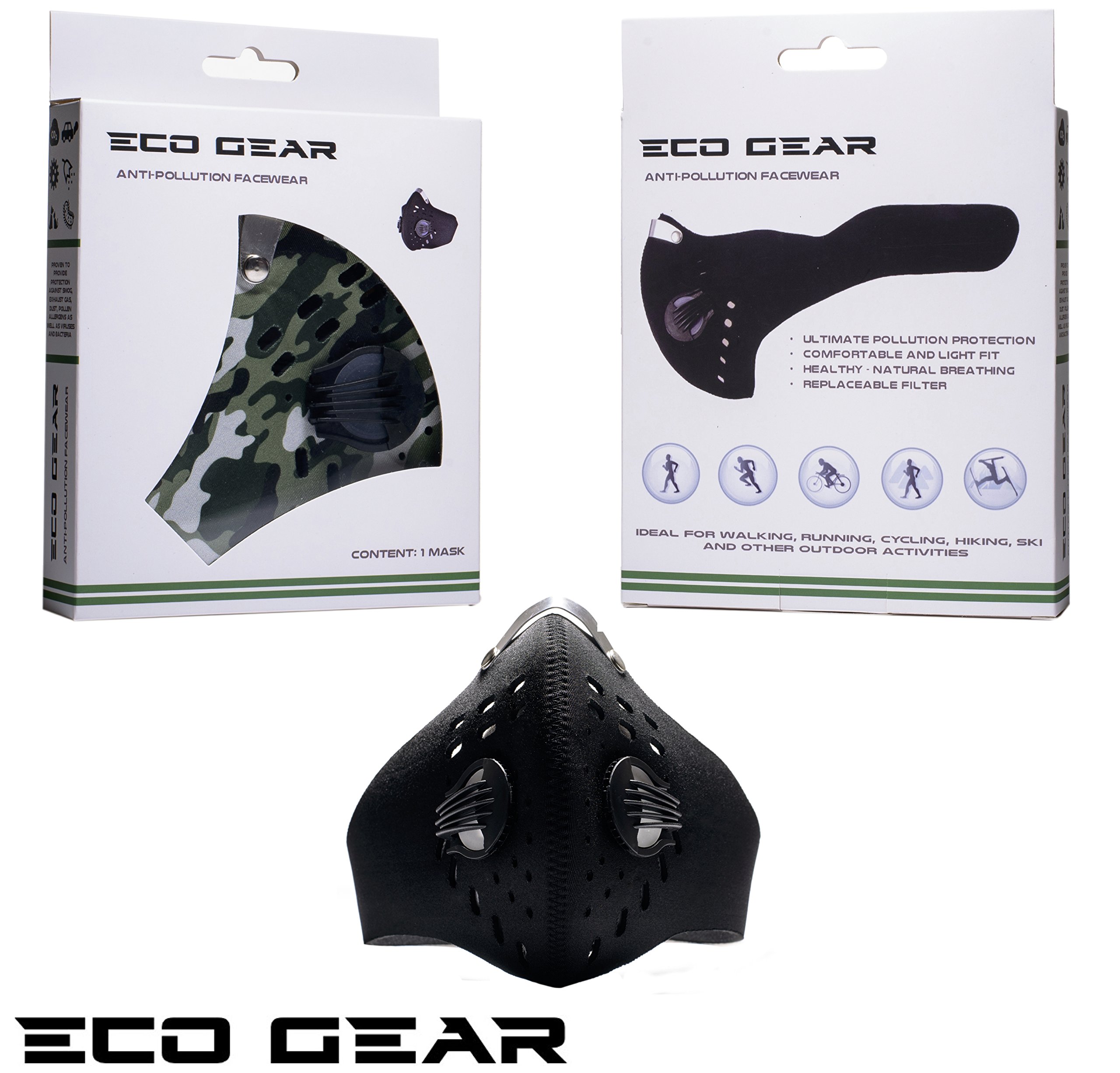 ECO-GEAR Anti Pollution Face Mask with Military Grade Protection | Anti Smoke, Exhaust Gas, Dust, Pollen | Hiking, Running, Walking, Cycling, Ski and other Outdoor Activities (Large, Black)