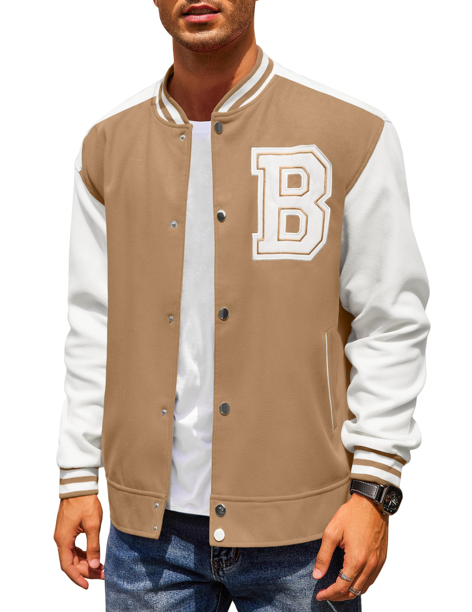 COOFANDY Baseball Jacket for Mens Letterman Varsity Jackets Button Up Khaki Sweatshirt with Letter B