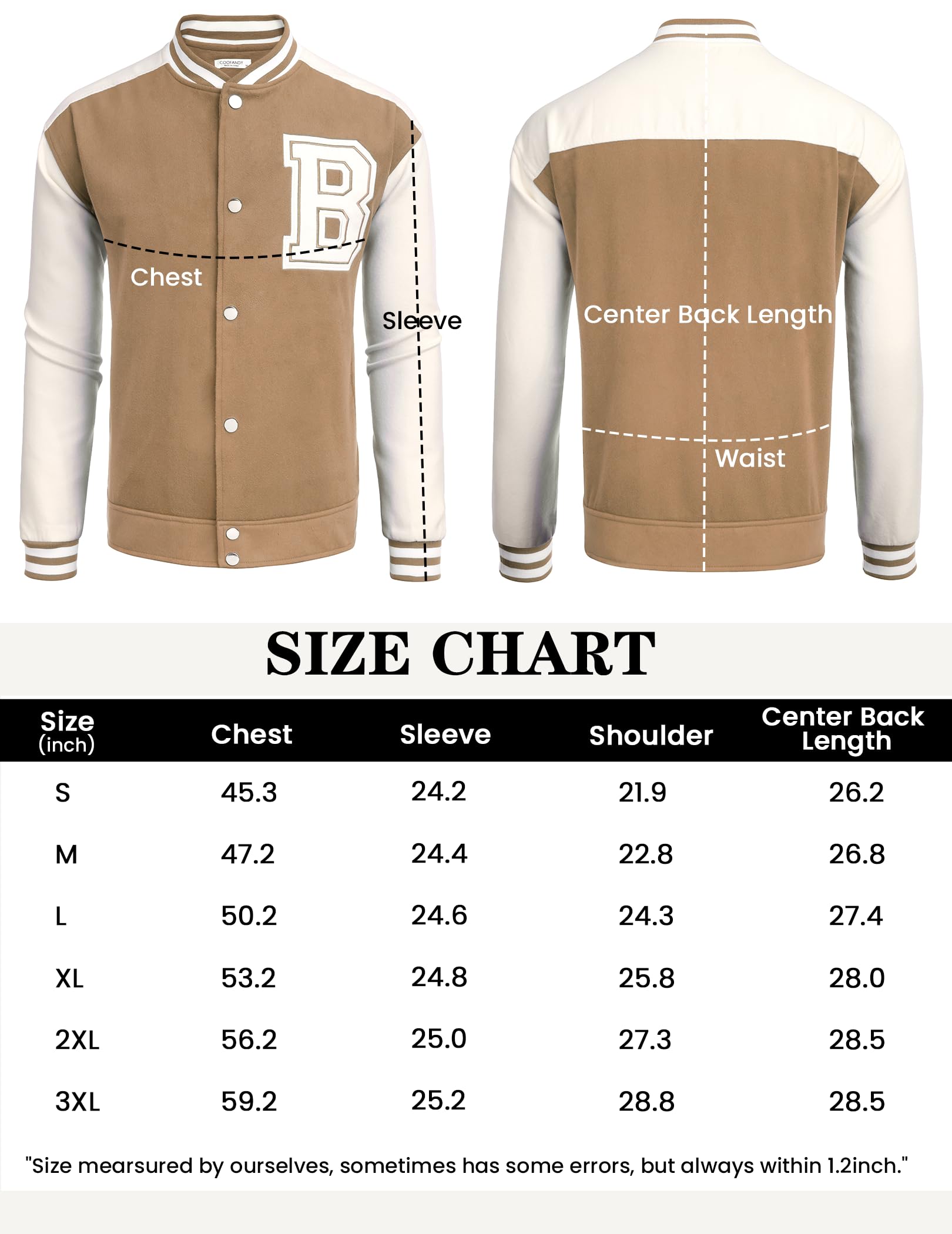 COOFANDY Baseball Jacket for Mens Letterman Varsity Jackets Button Up Khaki Sweatshirt with Letter B