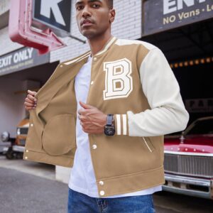 COOFANDY Baseball Jacket for Mens Letterman Varsity Jackets Button Up Khaki Sweatshirt with Letter B