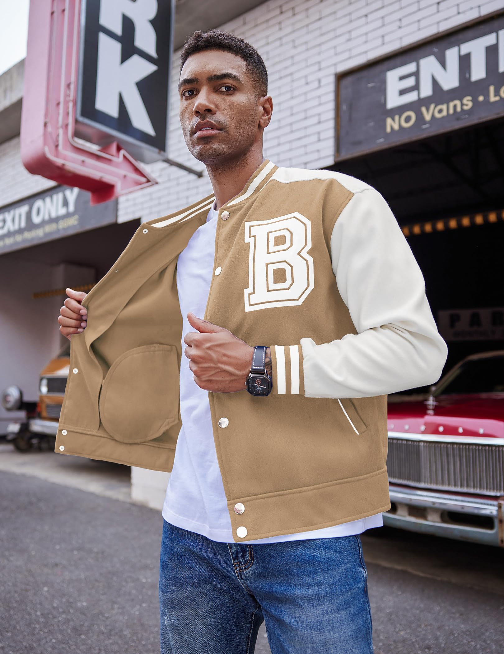 COOFANDY Baseball Jacket for Mens Letterman Varsity Jackets Button Up Khaki Sweatshirt with Letter B