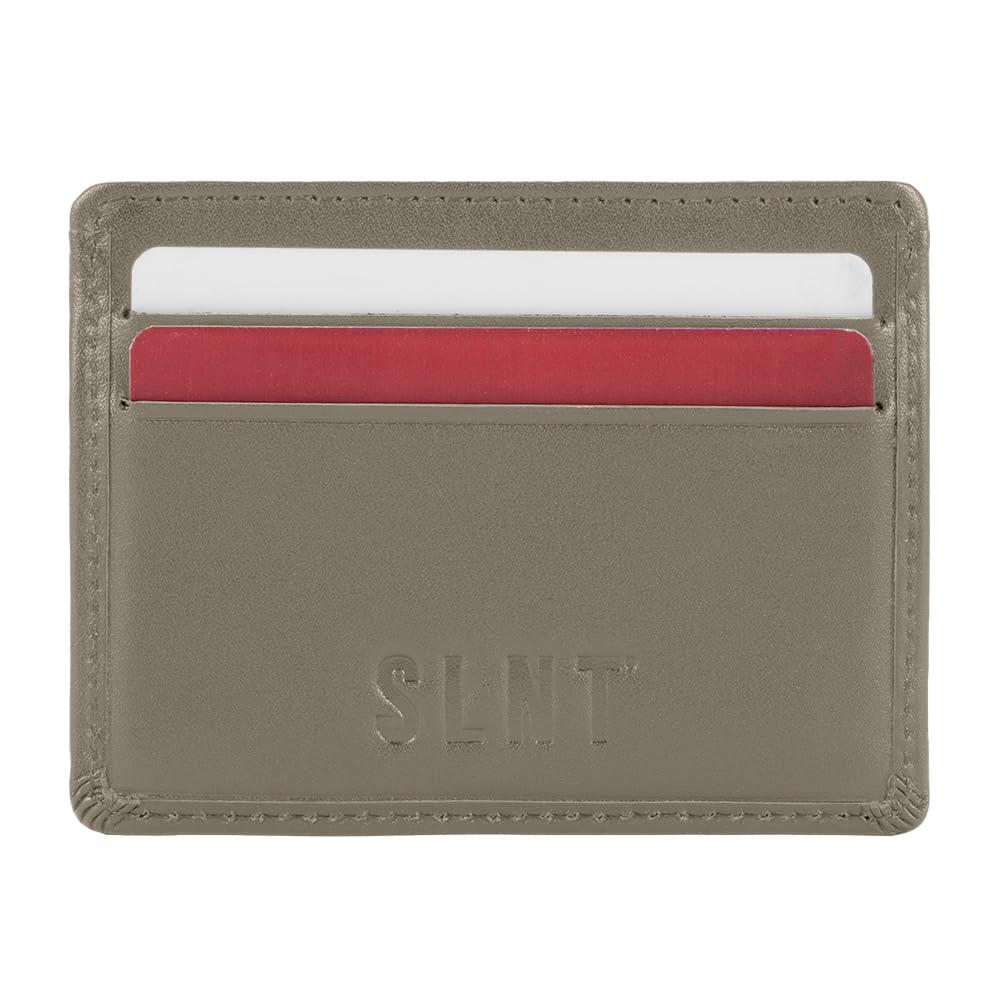 SLNT Napa Top Grain Leather RFID & NFC Signal Blocking Simple Card Wallet - Contains 4 Credit Card Slots and 1 Center Pocket - Clean, Sleek, Stylish Design - Slim and Lightweight Profile (Light Grey)