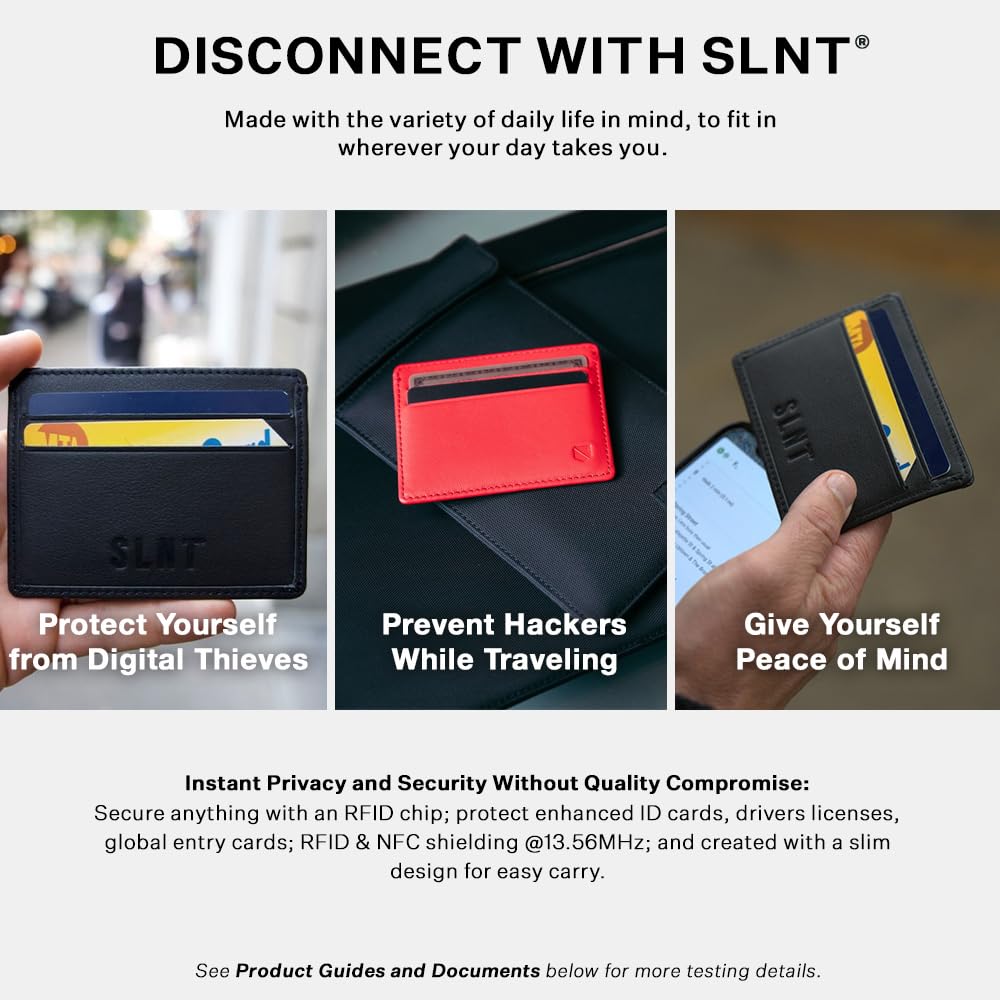 SLNT Napa Top Grain Leather RFID & NFC Signal Blocking Simple Card Wallet - Contains 4 Credit Card Slots and 1 Center Pocket - Clean, Sleek, Stylish Design - Slim and Lightweight Profile (Light Grey)