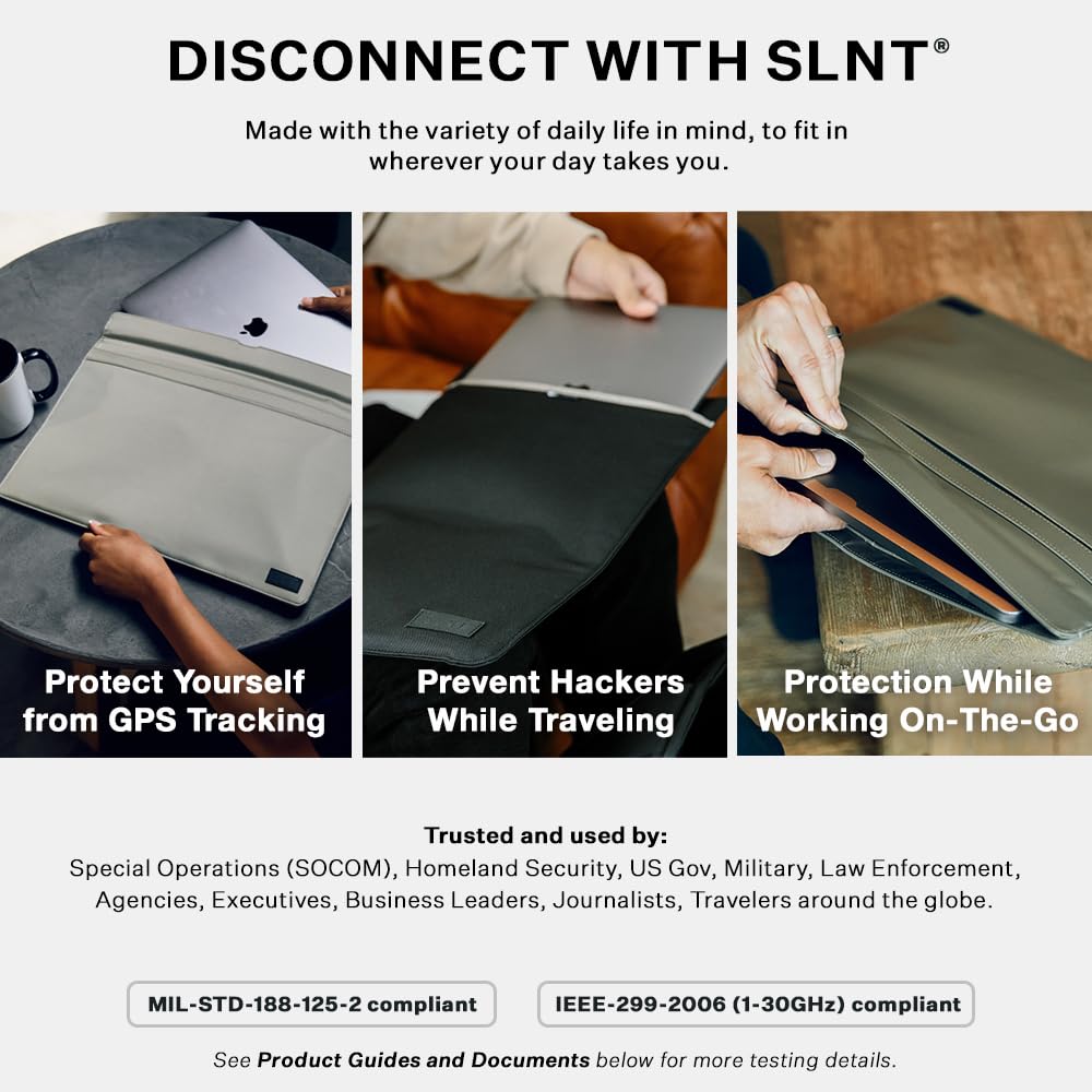 SLNT Weatherproof Nylon Faraday Bag with Silent Pocket Technology - Signal Blocking Device Sleeve for 13 inch and 15 inch Laptops and Tablets, Provides Instant Protection (Grey, 15 inch)