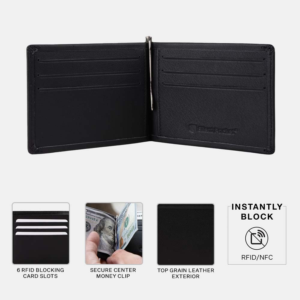 SLNT Leather RFID & NFC Blocking Money Clip Bi-Fold Wallet - Slim Profile, Lightweight Design, Great for Travel, Gift for Men - Signal Blocking Keeps Your Information Secure (Napa Leather, Black)