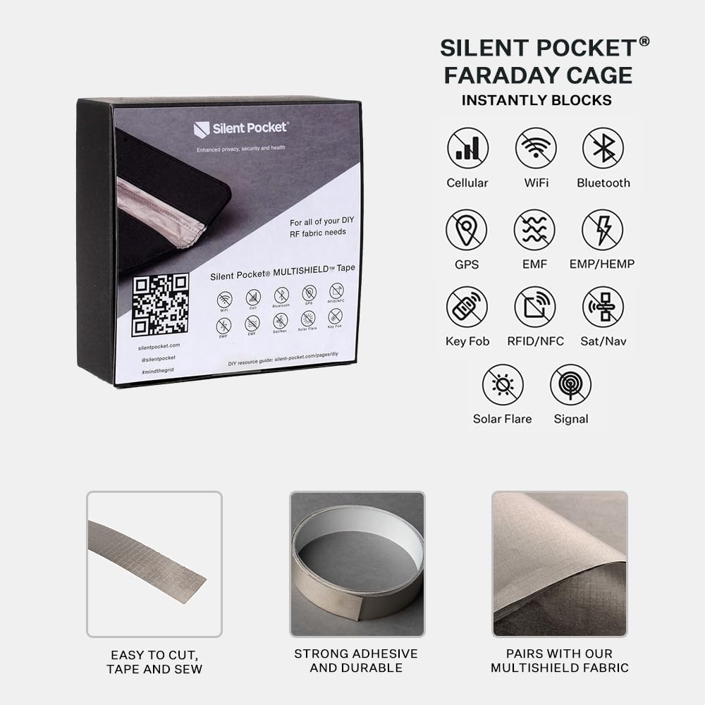 Silent Pocket SLNT Multishield Faraday Tape Perfect for Signal Blocking DIY, Easy to Apply, for Use with RF Fabric - Military Standard Shields Against All Signal Types (1 inch x 10 feet long)