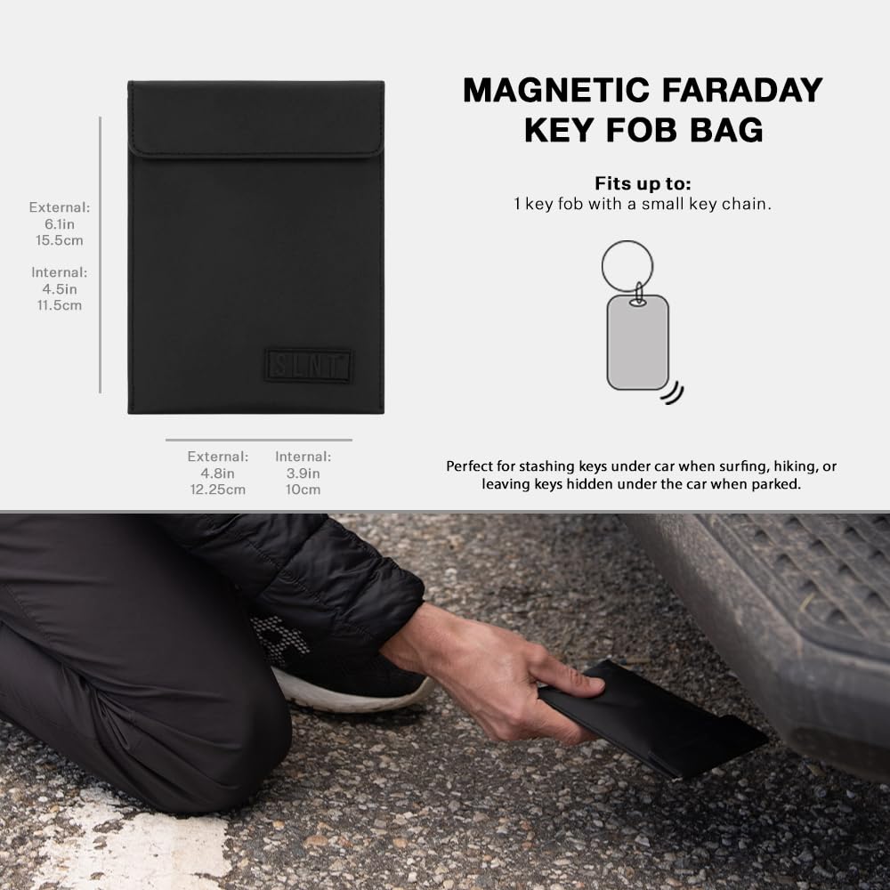 SLNT Mechanics Key Fob Magnetic Faraday Bag with Silent Pocket - Car Anti Theft Device Shielding Against All Signal Types, Including RFID Blocking & Durable Faraday Bag - Fits Most Car Keyfobs (Black)