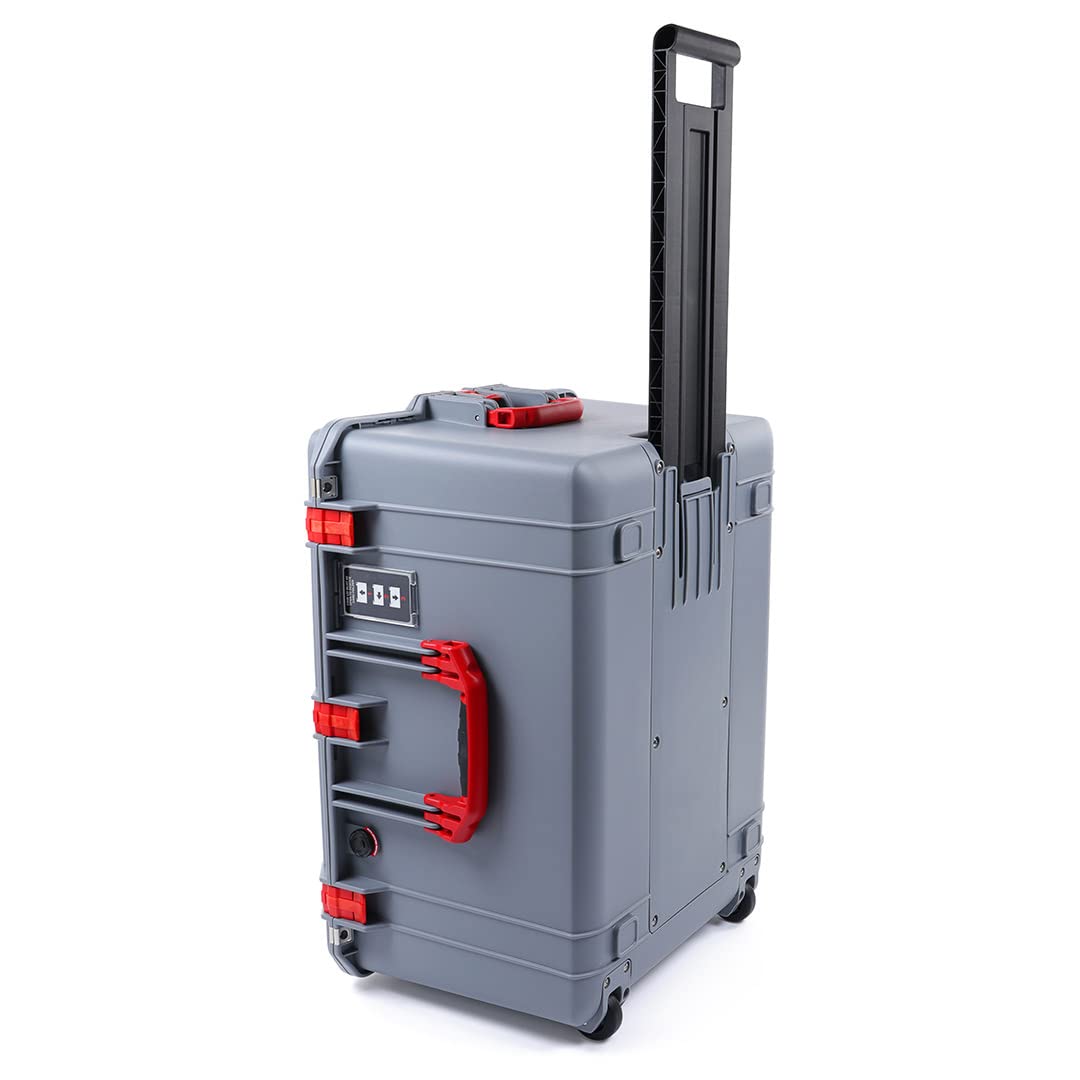 Silver Pelican 1637 Air case with Red Handles & latches. Comes with Yellow Padded dividers.