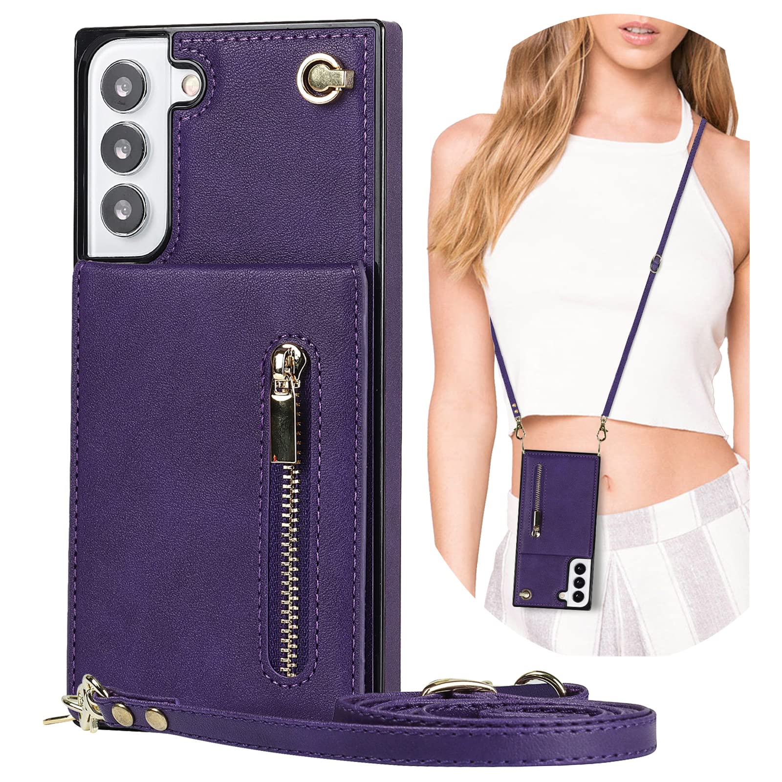 Tncavo Crossbody Wallet Case for Samsung Galaxy S22 Plus for Women, RFID Blocking Card Holder PU Leather Zipper Handbag Purse Phone Cover with Lanyard Strap for Samsung Galaxy S22 Plus XKL Purple