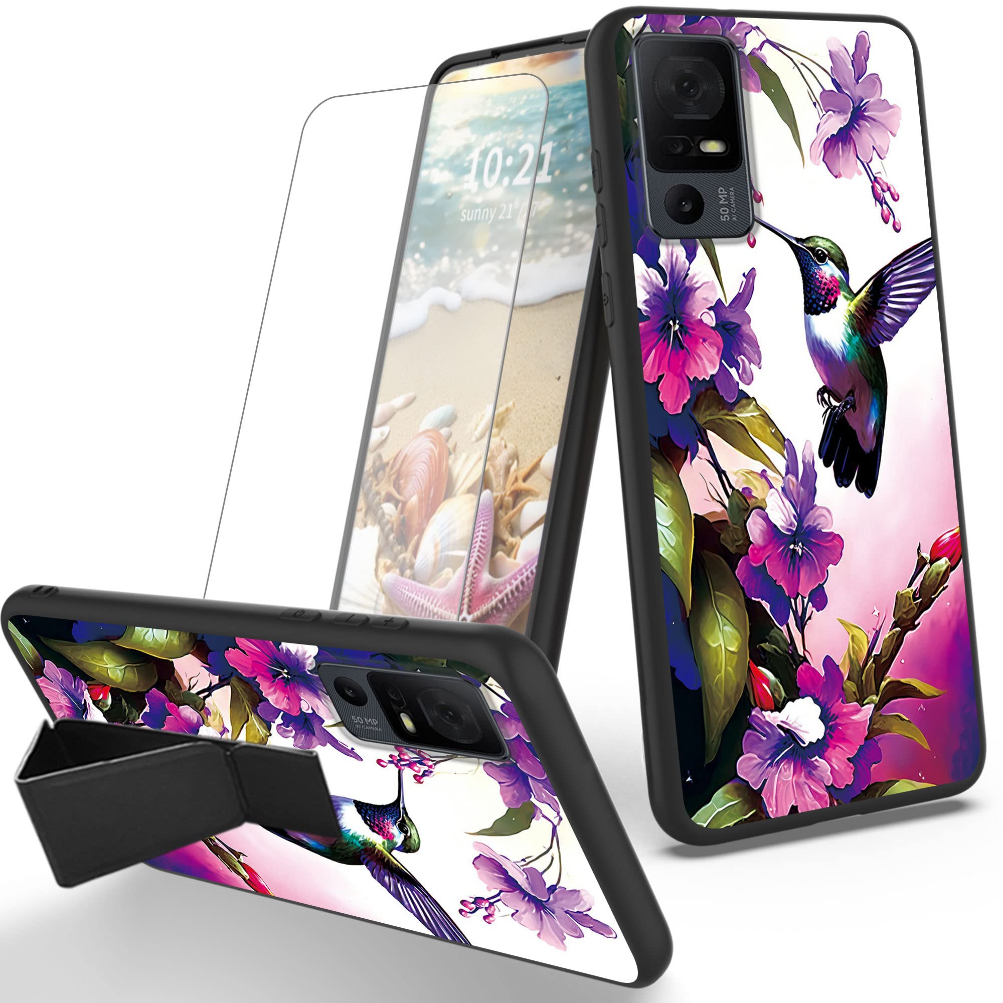 RYUITHDJP for TCL 40XL Case Hummingbirds Girl Theme with Screen Protector Detachable Stand Phone Case for TCL 40 XL Case Soft TPU Stylish Protective Cover