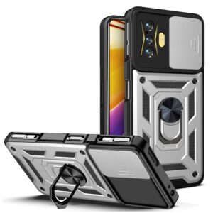 Ysnzaq Military Grade Heavy Duty Shockproof Phone Case for Xiaomi Redmi K50 Gaming/Poco F4 GT, Sliding Window Lens Protection with Magnetic Car Bracket Phone Cover for Xiaomi Poco F4 GT SJ Silver