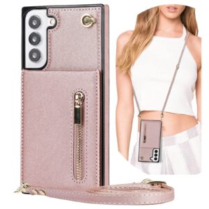 tncavo crossbody wallet case for samsung galaxy s22 for women, rfid blocking card holder pu leather zipper handbag purse phone cover with lanyard strap for samsung galaxy s22 xkl pink