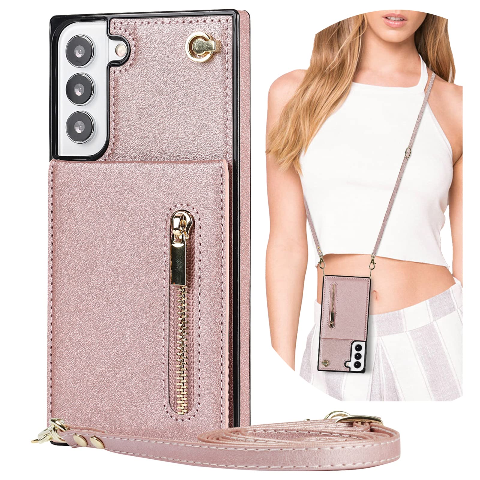 Tncavo Crossbody Wallet Case for Samsung Galaxy S22 for Women, RFID Blocking Card Holder PU Leather Zipper Handbag Purse Phone Cover with Lanyard Strap for Samsung Galaxy S22 XKL Pink