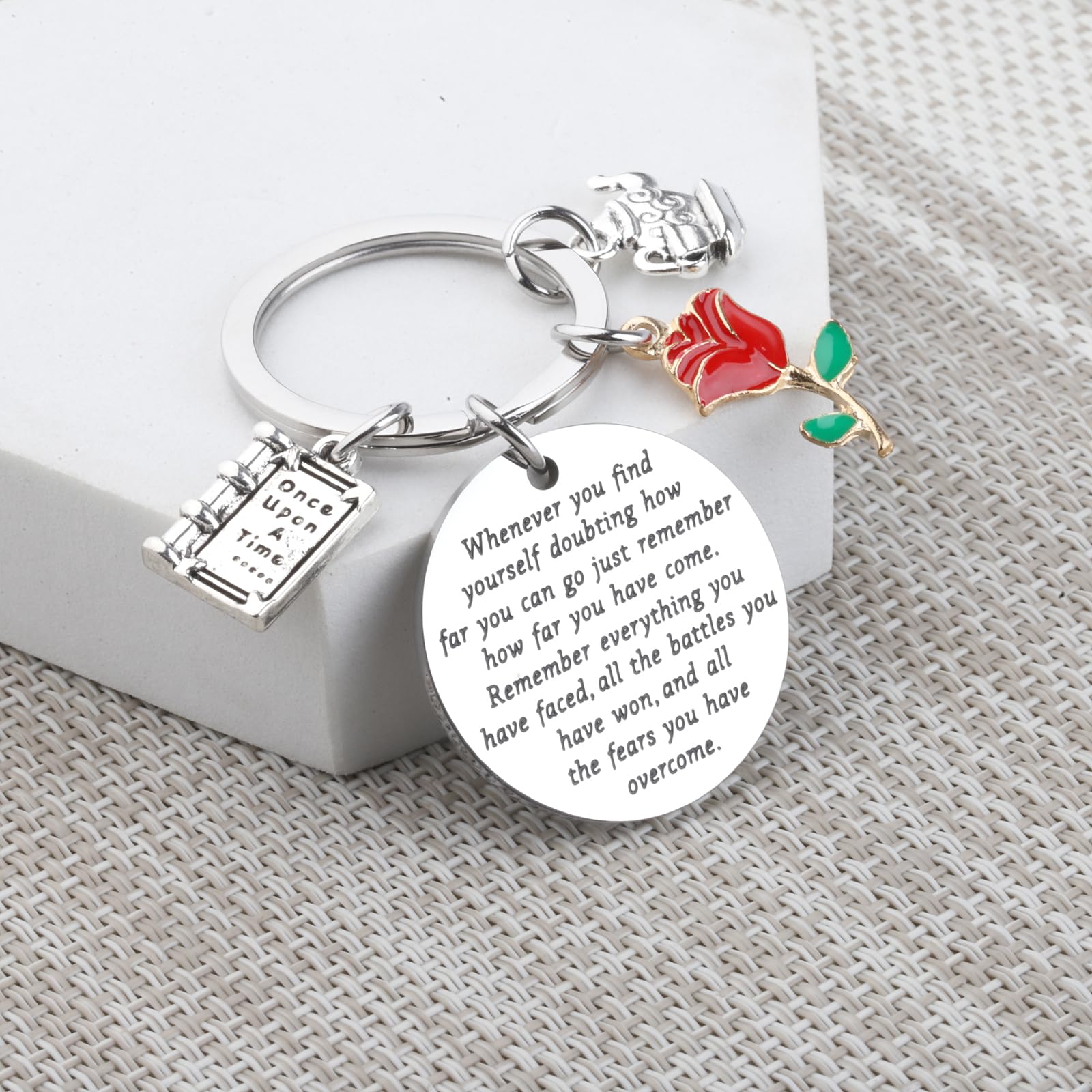 Lywjyb Birdgot Movie Inspired Gift Belle Rose Charm Keychain Fairytale Jewelry Motivational Gift (beauty and beast key)