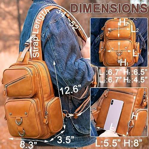 CENUNCO Genuine Leather Sling Bag for Men Capacity Crossbody Backpack Casual Motorcycle Chest Bag Anti-Theft Travel Purse (Tan)