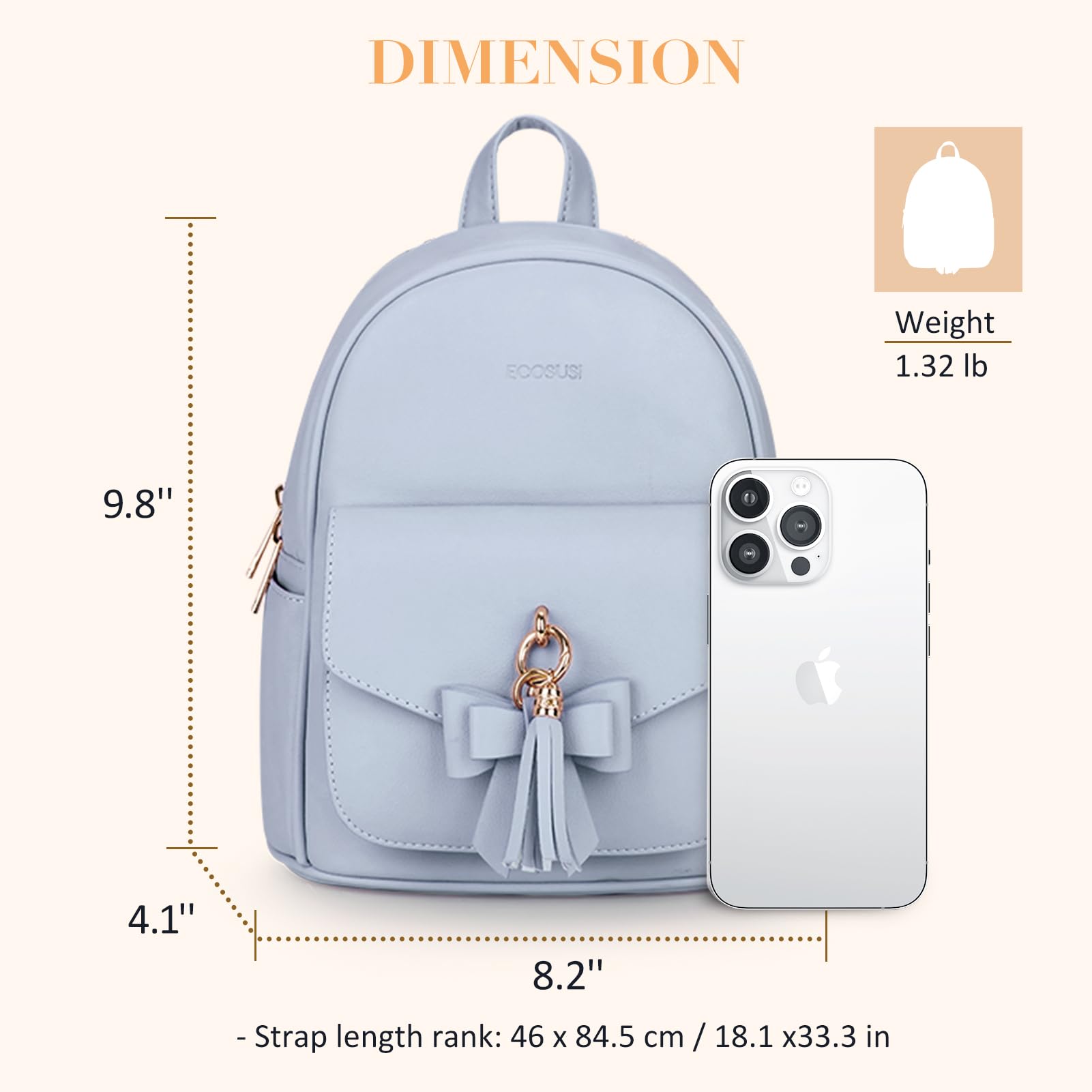 ECOSUSI Mini Backpack for Women Girls Cute Bowknot Small Backpack Purse Ladies Leather Bookbag Satchel Bag, with Charm Tassel