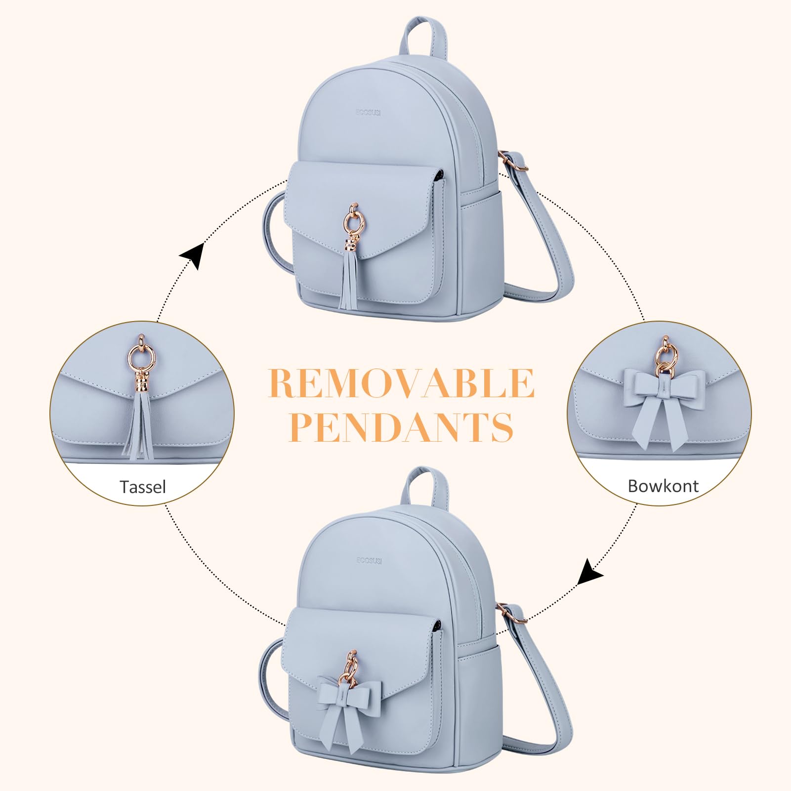 ECOSUSI Mini Backpack for Women Girls Cute Bowknot Small Backpack Purse Ladies Leather Bookbag Satchel Bag, with Charm Tassel