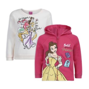 Disney Princess Girl’s 2 Piece Zip Up Hoodie, and Long Sleeve Shirt Set for Toddler and Little Kids