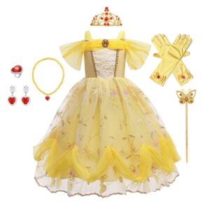 cinheyu girls belle princess birthday party dress w/accessories beauty and the beast costume halloween christmas outfits yellow 005 6-7t