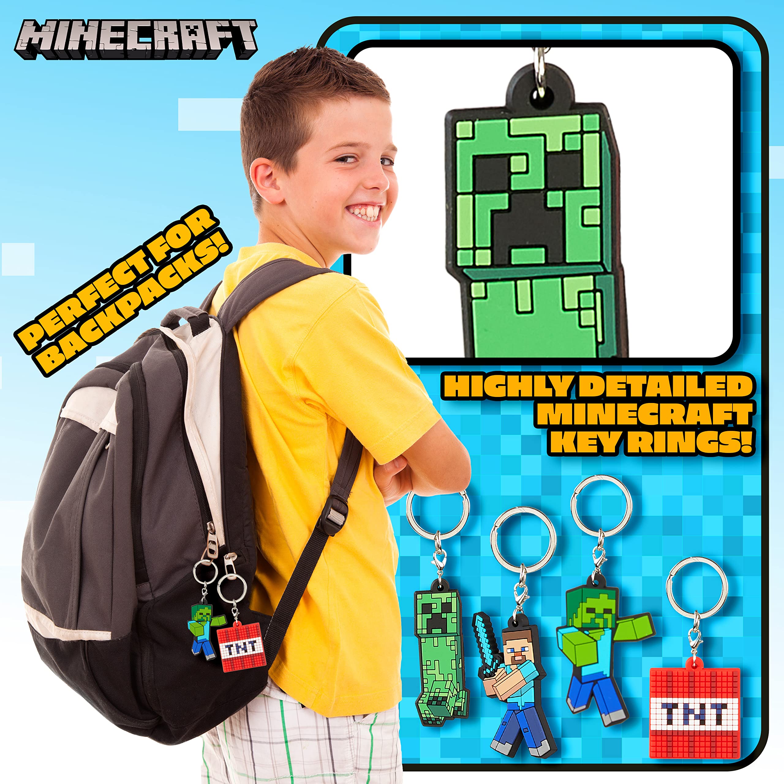 Minecraft Kids Keyrings and Silicone Wristband Set - Creeper Key Chain Set of 4, Collectables Gaming Gifts (Multi - Keyring Set)