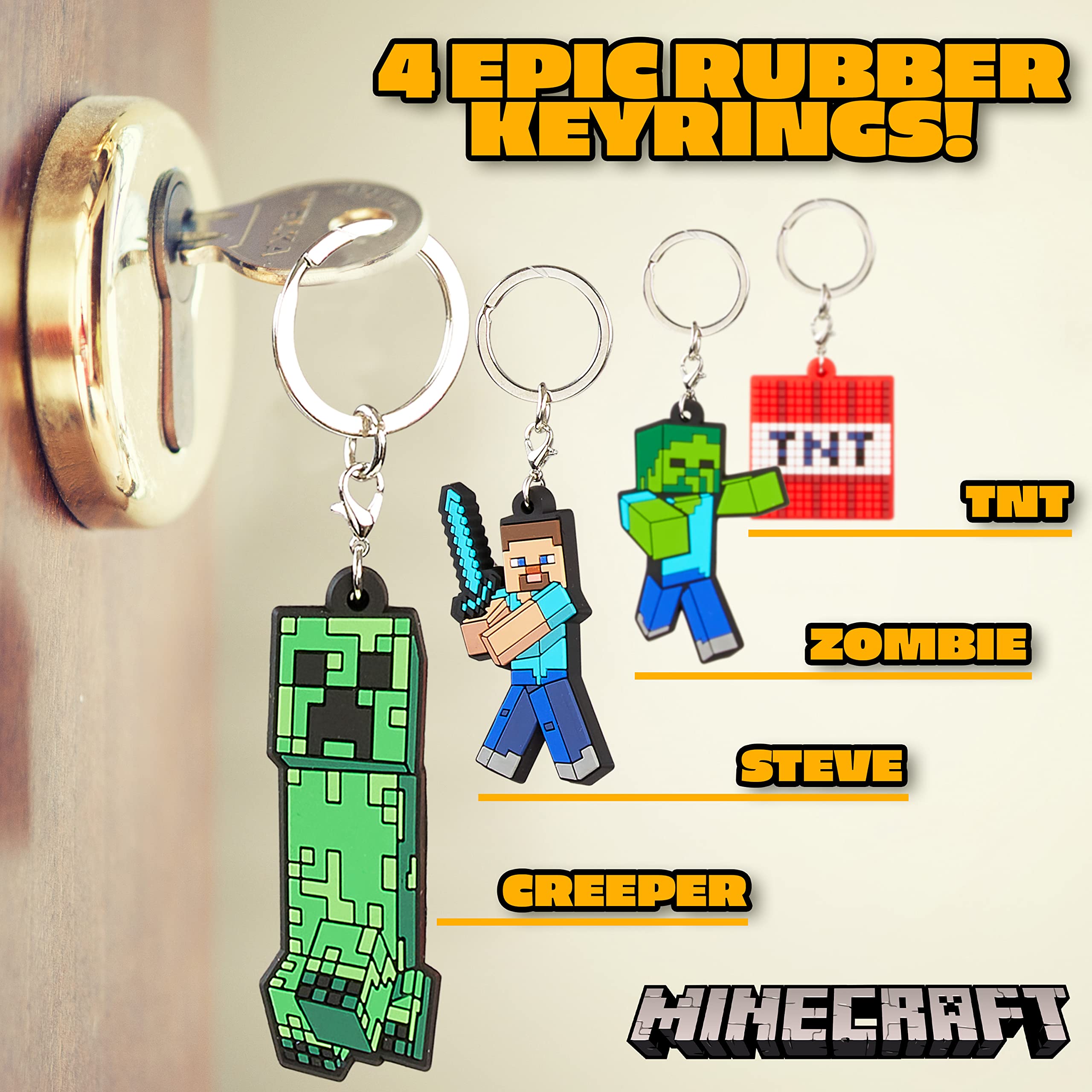 Minecraft Kids Keyrings and Silicone Wristband Set - Creeper Key Chain Set of 4, Collectables Gaming Gifts (Multi - Keyring Set)