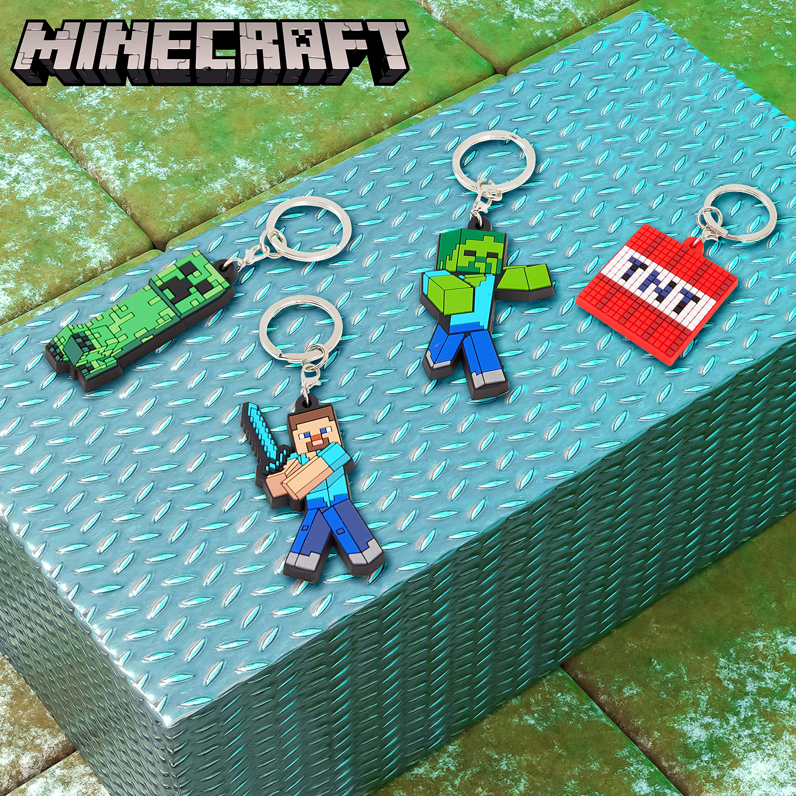 Minecraft Kids Keyrings and Silicone Wristband Set - Creeper Key Chain Set of 4, Collectables Gaming Gifts (Multi - Keyring Set)