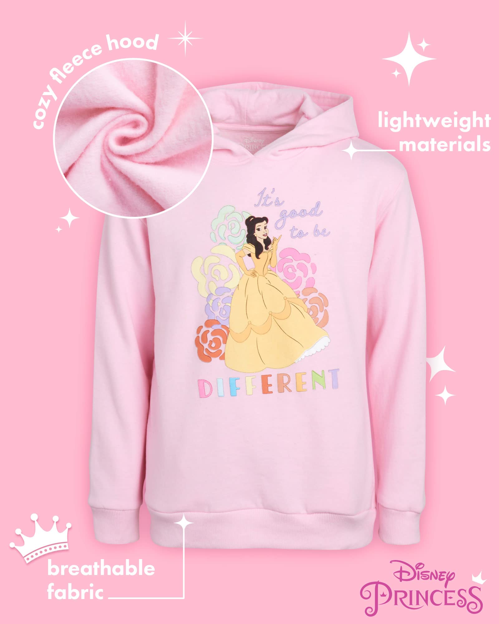 Disney Girls' Princess Sweatshirt – Frozen Elsa Anna, Cinderella, Belle, Moana Pullover Hoodie (2T-7), Size 4T, Belle Pink