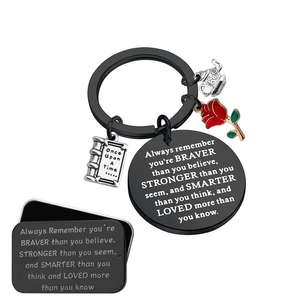 KUIYAI Fairytale Jewelry Belle Rose Charm Keychain Always Remember You’re Braver Than You Believe Keychain Inspirational Gift (BellesKBLK)