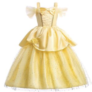 Little Girls Yellow Roses Princess Costume Dress Off Shoulder Layered Dress up (4-5 Years)