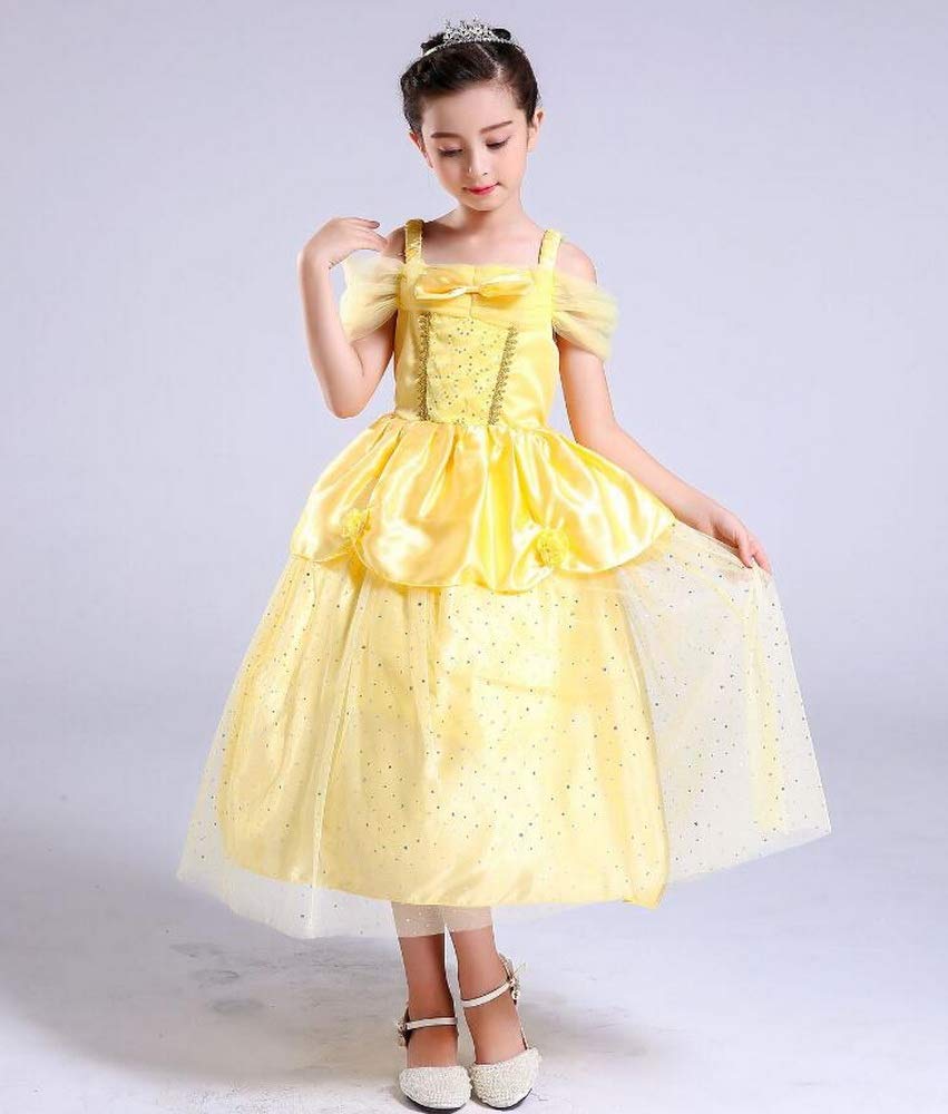 Little Girls Yellow Roses Princess Costume Dress Off Shoulder Layered Dress up (4-5 Years)