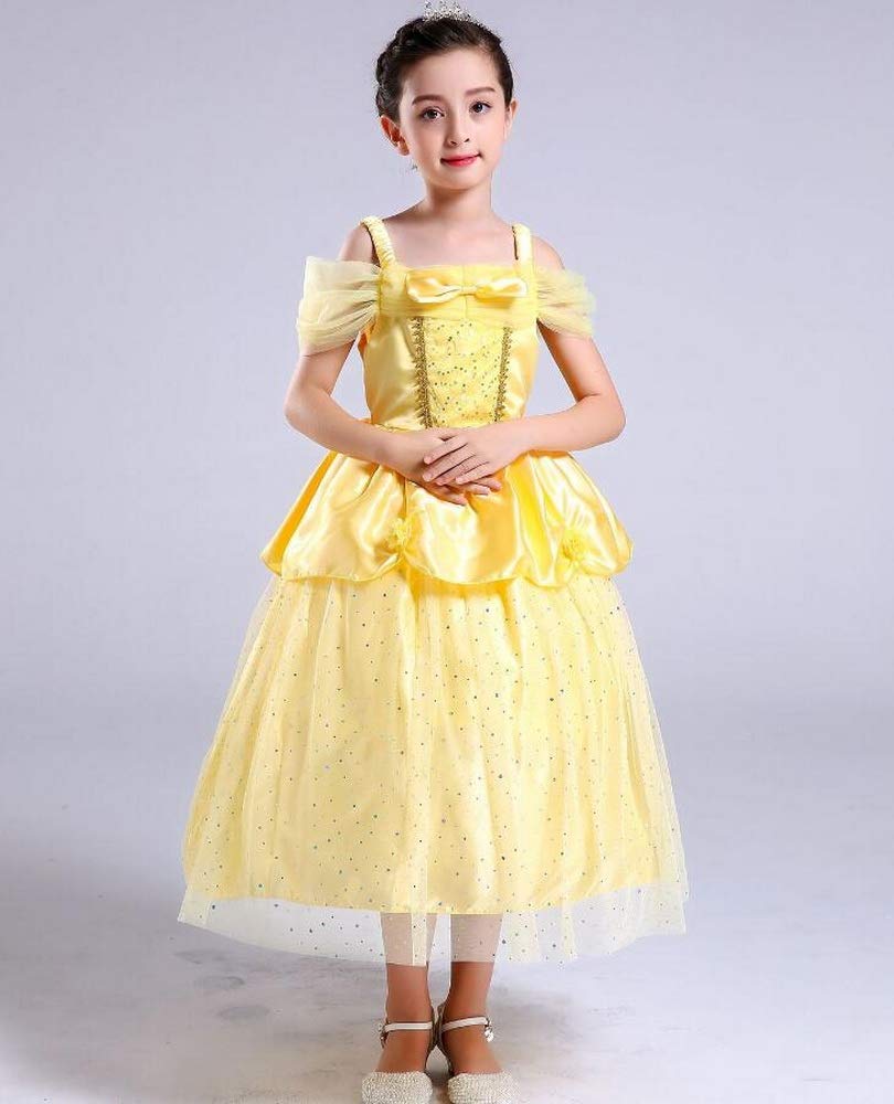 Little Girls Yellow Roses Princess Costume Dress Off Shoulder Layered Dress up (4-5 Years)