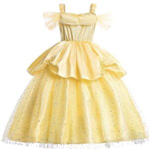 Little Girls Yellow Roses Princess Costume Dress Off Shoulder Layered Dress up (4-5 Years)